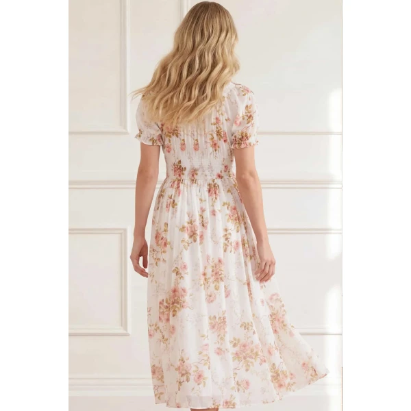 Needle & Thread Summer's Rose Shirred Short Sleeve Ballerina Dress in White - Dresses - British Luxury Evening Wear at Luxury Shoes 