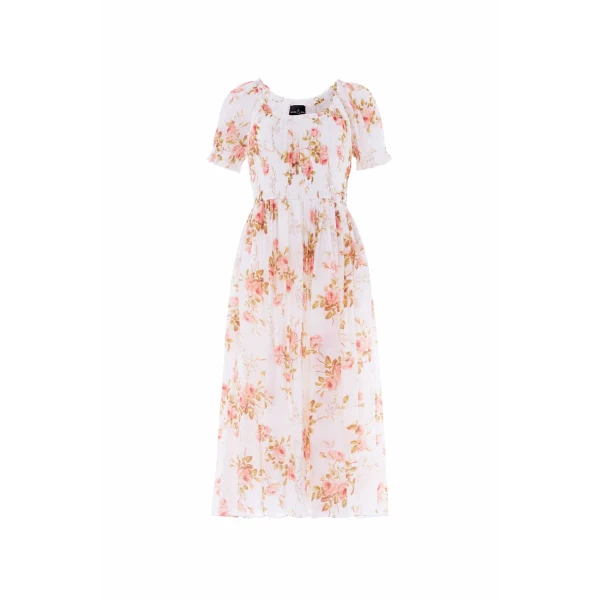 Needle & Thread Summer's Rose Shirred Short Sleeve Ballerina Dress in White - Dresses - British Luxury Evening Wear at Luxury Shoes 