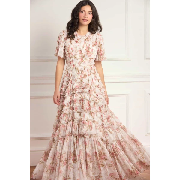 Needle & Thread Summer's Rose Valentine Ruffle Gown in White - Dresses - British Luxury Evening Wear at Luxury Shoes 