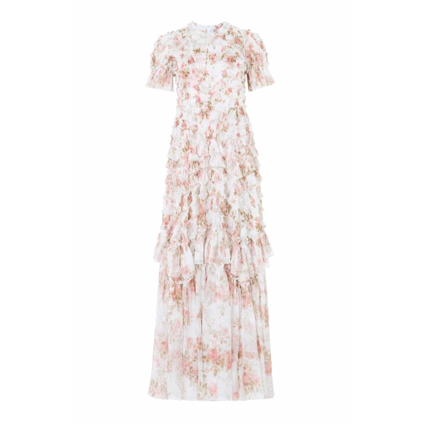 Needle & Thread Summer's Rose Valentine Ruffle Gown in White - Dresses - British Luxury Evening Wear at Luxury Shoes 