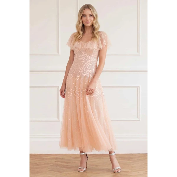 Needle & Thread Sunrise Sequin V-Neck Ankle Gown in Apricot Blush - Dresses - British Luxury Evening Wear at Luxury Shoes 