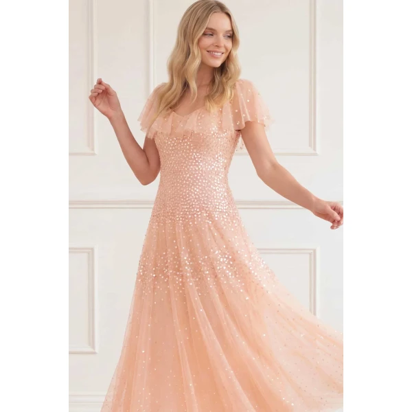 Needle & Thread Sunrise Sequin V-Neck Ankle Gown in Apricot Blush - Dresses - British Luxury Evening Wear at Luxury Shoes 
