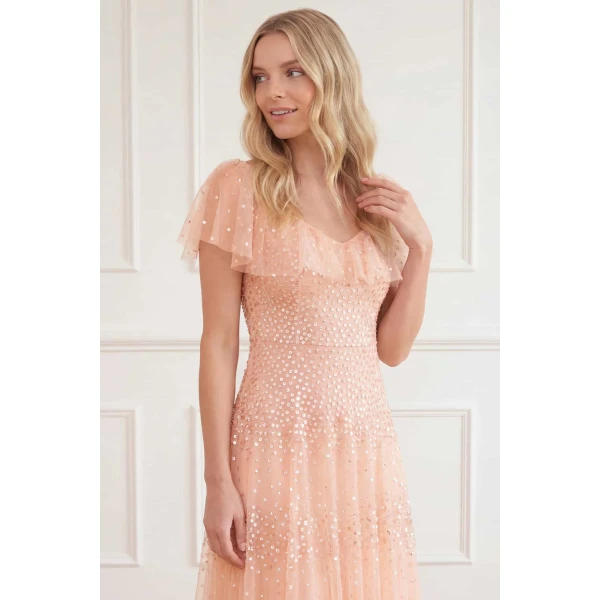 Needle & Thread Sunrise Sequin V-Neck Ankle Gown in Apricot Blush - Dresses - British Luxury Evening Wear at Luxury Shoes 