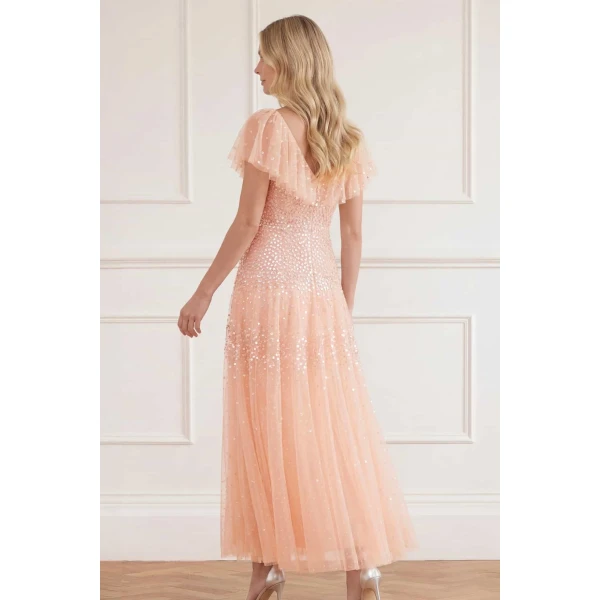Needle & Thread Sunrise Sequin V-Neck Ankle Gown in Apricot Blush - Dresses - British Luxury Evening Wear at Luxury Shoes 