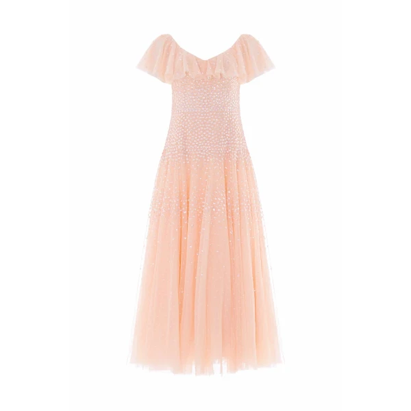 Needle & Thread Sunrise Sequin V-Neck Ankle Gown in Apricot Blush - Dresses - British Luxury Evening Wear at Luxury Shoes 