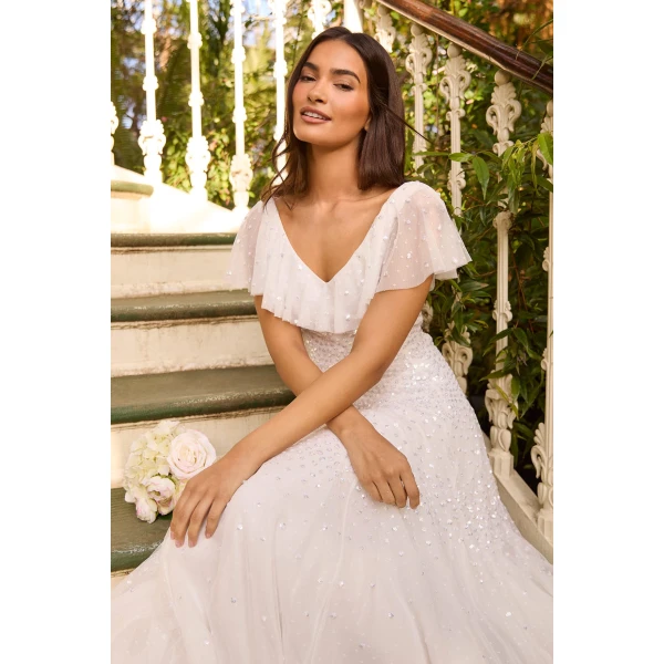 Needle & Thread Sunrise Sequin V-Neck Ankle Gown in Swan White - Dresses - British Luxury Evening Wear at Luxury Shoes 