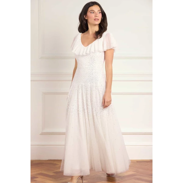 Needle & Thread Sunrise Sequin V-Neck Ankle Gown in Swan White - Dresses - British Luxury Evening Wear at Luxury Shoes 