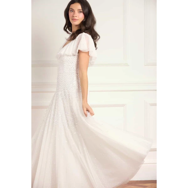 Needle & Thread Sunrise Sequin V-Neck Ankle Gown in Swan White - Dresses - British Luxury Evening Wear at Luxury Shoes 