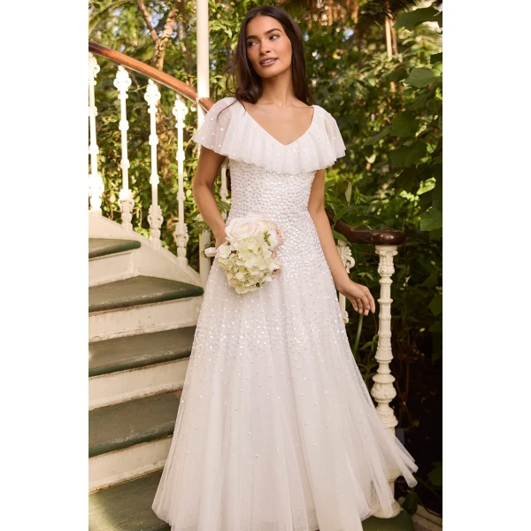 Needle & Thread Sunrise Sequin V-Neck Ankle Gown in Swan White - Dresses - British Luxury Evening Wear at Luxury Shoes 