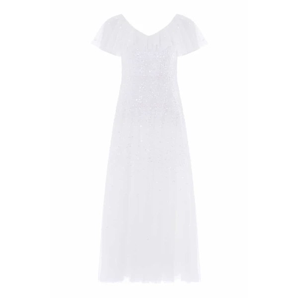 Needle & Thread Sunrise Sequin V-Neck Ankle Gown in Swan White - Dresses - British Luxury Evening Wear at Luxury Shoes 