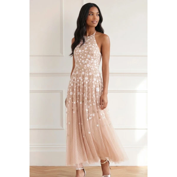 Needle & Thread Trailing Roses Halter-Neck Ankle Gown in Biscuit/White - Dresses - British Luxury Evening Wear at Luxury Shoes 