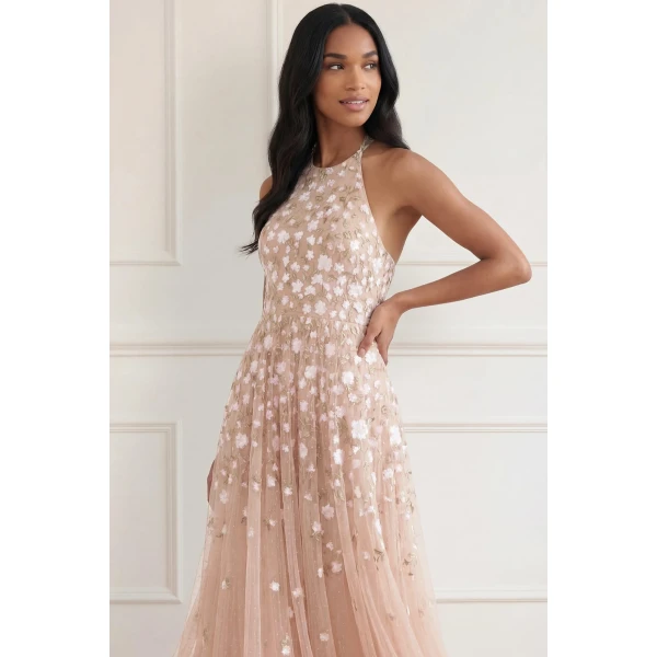 Needle & Thread Trailing Roses Halter-Neck Ankle Gown in Biscuit/White - Dresses - British Luxury Evening Wear at Luxury Shoes 