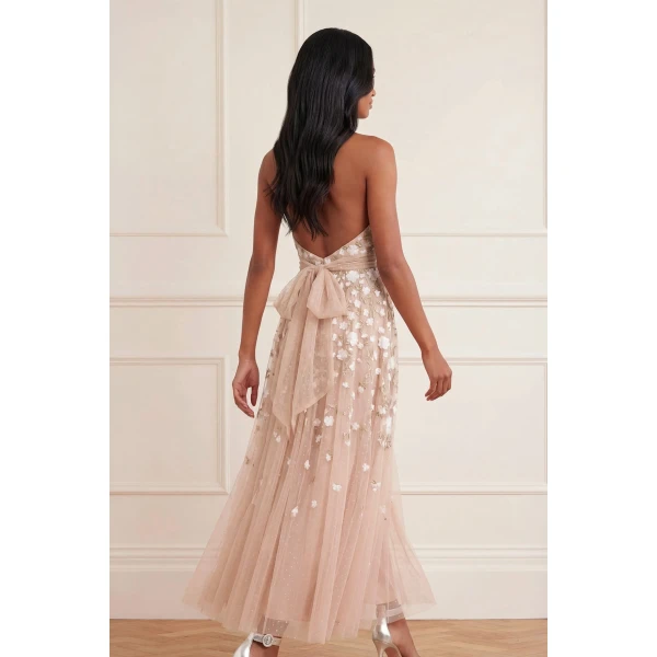 Needle & Thread Trailing Roses Halter-Neck Ankle Gown in Biscuit/White - Dresses - British Luxury Evening Wear at Luxury Shoes 