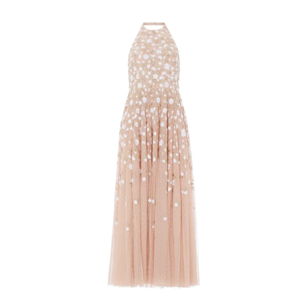 Needle & Thread Trailing Roses Halter-Neck Ankle Gown in Biscuit/White - Dresses - British Luxury Evening Wear at Luxury Shoes 