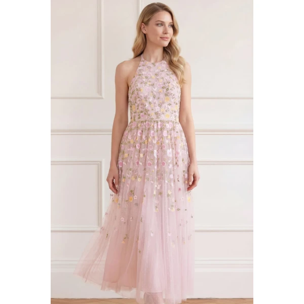 Needle & Thread Trailing Roses Halter-Neck Ankle Gown in Shell/Multi - Dresses - British Luxury Evening Wear at Luxury Shoes 