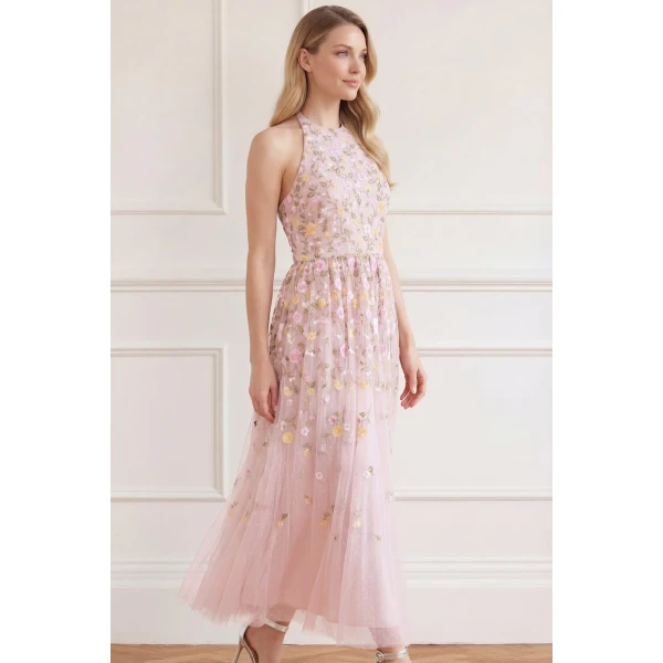 Needle & Thread Trailing Roses Halter-Neck Ankle Gown in Shell/Multi - Dresses - British Luxury Evening Wear at Luxury Shoes 
