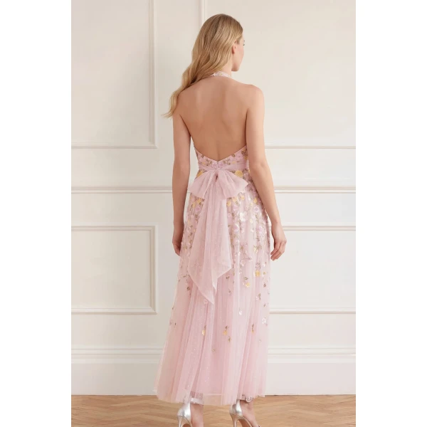 Needle & Thread Trailing Roses Halter-Neck Ankle Gown in Shell/Multi - Dresses - British Luxury Evening Wear at Luxury Shoes 