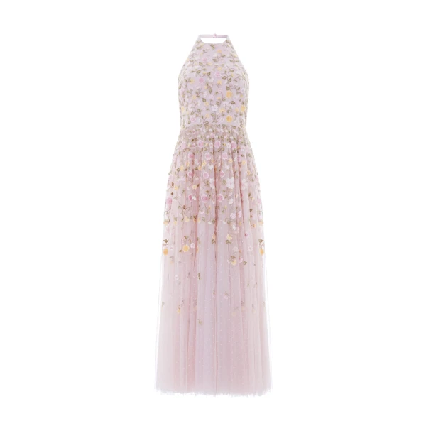 Needle & Thread Trailing Roses Halter-Neck Ankle Gown in Shell/Multi - Dresses - British Luxury Evening Wear at Luxury Shoes 