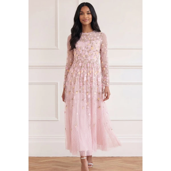 Needle & Thread Trailing Roses Long Sleeve Ankle Gown in Shell/Multi - Dresses - British Luxury Evening Wear at Luxury Shoes 