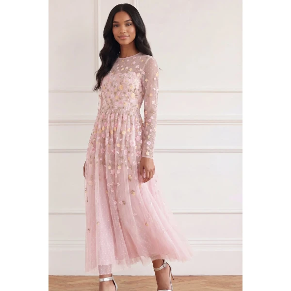 Needle & Thread Trailing Roses Long Sleeve Ankle Gown in Shell/Multi - Dresses - British Luxury Evening Wear at Luxury Shoes 