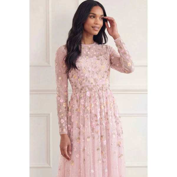 Needle & Thread Trailing Roses Long Sleeve Ankle Gown in Shell/Multi - Dresses - British Luxury Evening Wear at Luxury Shoes 