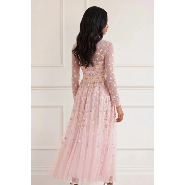 Needle & Thread Trailing Roses Long Sleeve Ankle Gown in Shell/Multi - Dresses - British Luxury Evening Wear at Luxury Shoes 