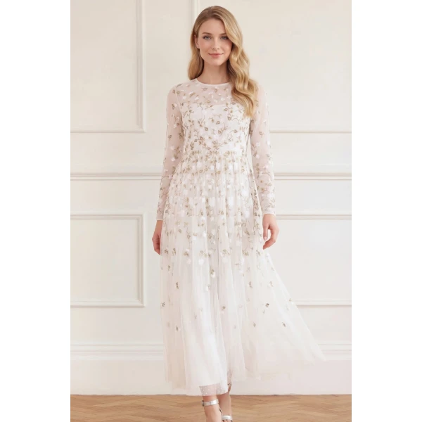 Needle & Thread Trailing Roses Long Sleeve Ankle Gown in Swan/White - Dresses - British Luxury Evening Wear at Luxury Shoes 