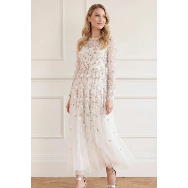 Needle & Thread Trailing Roses Long Sleeve Ankle Gown in Swan/White - Dresses - British Luxury Evening Wear at Luxury Shoes 