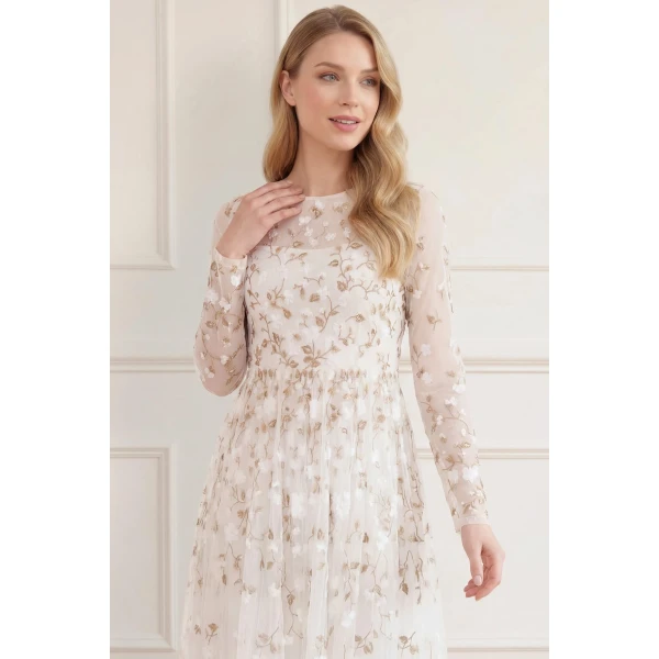 Needle & Thread Trailing Roses Long Sleeve Ankle Gown in Swan/White - Dresses - British Luxury Evening Wear at Luxury Shoes 