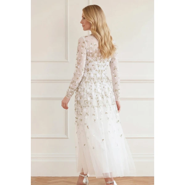 Needle & Thread Trailing Roses Long Sleeve Ankle Gown in Swan/White - Dresses - British Luxury Evening Wear at Luxury Shoes 