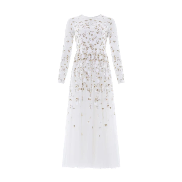 Needle & Thread Trailing Roses Long Sleeve Ankle Gown in Swan/White - Dresses - British Luxury Evening Wear at Luxury Shoes 