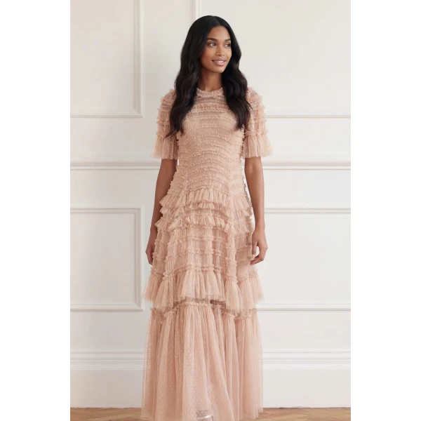 Needle & Thread Valentine Ruffle Gown in Biscuit - Dresses - British Luxury Evening Wear at Luxury Shoes 