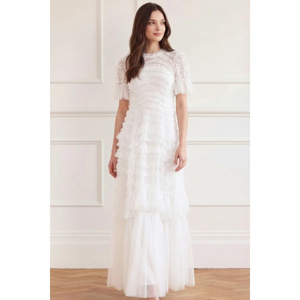 Needle & Thread Valentine Ruffle Gown in Swan White - Dresses - British Luxury Evening Wear at Luxury Shoes 