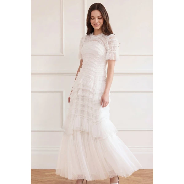 Needle & Thread Valentine Ruffle Gown in Swan White - Dresses - British Luxury Evening Wear at Luxury Shoes 