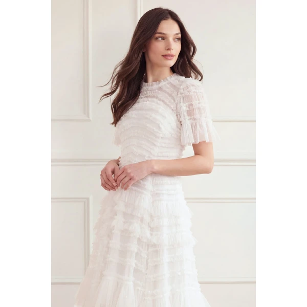 Needle & Thread Valentine Ruffle Gown in Swan White - Dresses - British Luxury Evening Wear at Luxury Shoes 