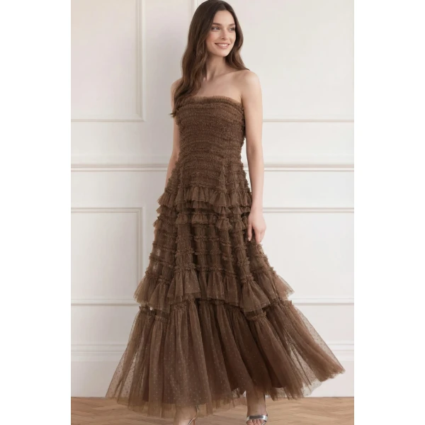 Needle & Thread Valentine Ruffle Strapless Gown in Cocoa - Dresses - British Luxury Evening Wear at Luxury Shoes 