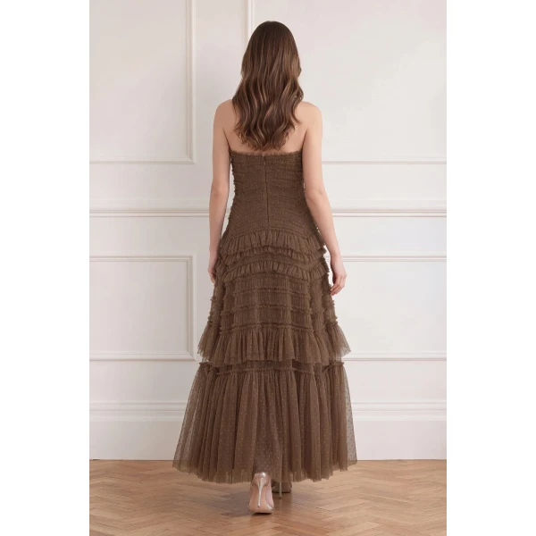 Needle & Thread Valentine Ruffle Strapless Gown in Cocoa - Dresses - British Luxury Evening Wear at Luxury Shoes 
