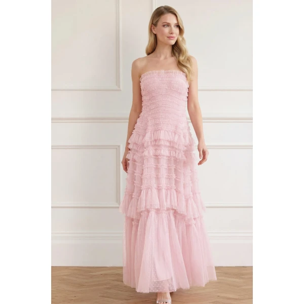 Needle & Thread Valentine Ruffle Strapless Gown in Pink - Dresses - British Luxury Evening Wear at Luxury Shoes 