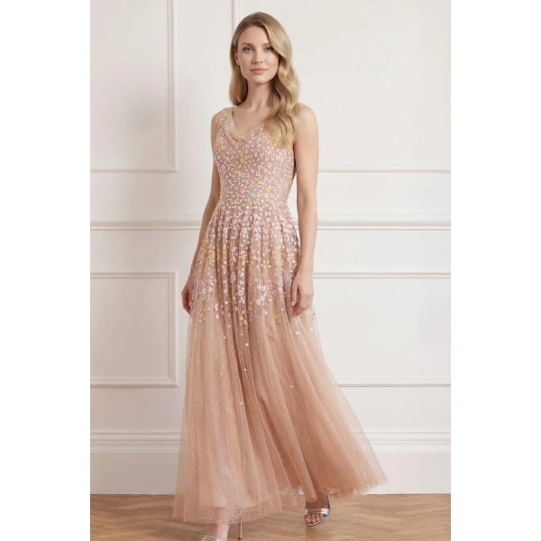 Needle & Thread Versailles Ditsy Cowl Neck Gown in Biscuit/Pale - Dresses - British Luxury Evening Wear at Luxury Shoes 