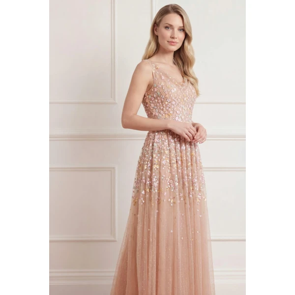 Needle & Thread Versailles Ditsy Cowl Neck Gown in Biscuit/Pale - Dresses - British Luxury Evening Wear at Luxury Shoes 