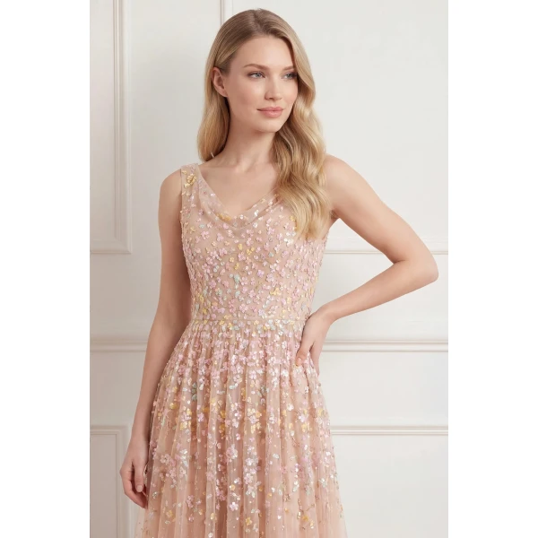 Needle & Thread Versailles Ditsy Cowl Neck Gown in Biscuit/Pale - Dresses - British Luxury Evening Wear at Luxury Shoes 