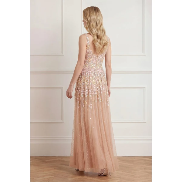 Needle & Thread Versailles Ditsy Cowl Neck Gown in Biscuit/Pale - Dresses - British Luxury Evening Wear at Luxury Shoes 