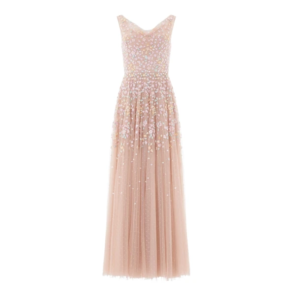 Needle & Thread Versailles Ditsy Cowl Neck Gown in Biscuit/Pale - Dresses - British Luxury Evening Wear at Luxury Shoes 
