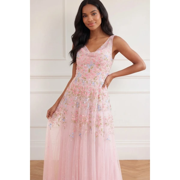 Needle & Thread Versailles Ditsy Cowl Neck Gown in Shell/Bright - Dresses - British Luxury Evening Wear at Luxury Shoes 