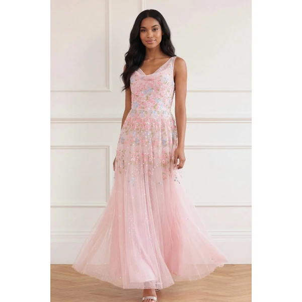 Needle & Thread Versailles Ditsy Cowl Neck Gown in Shell/Bright - Dresses - British Luxury Evening Wear at Luxury Shoes 