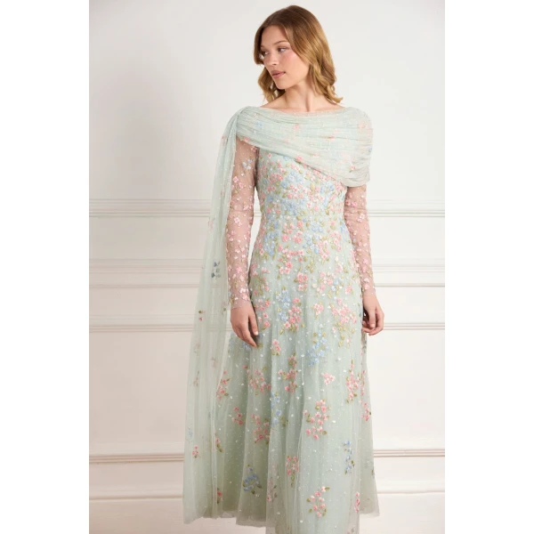 Needle & Thread Versailles Ditsy Draped Long Sleeve Ankle Gown in Sea Mist/Bright - Dresses - British Luxury Evening Wear at Luxury Shoes 