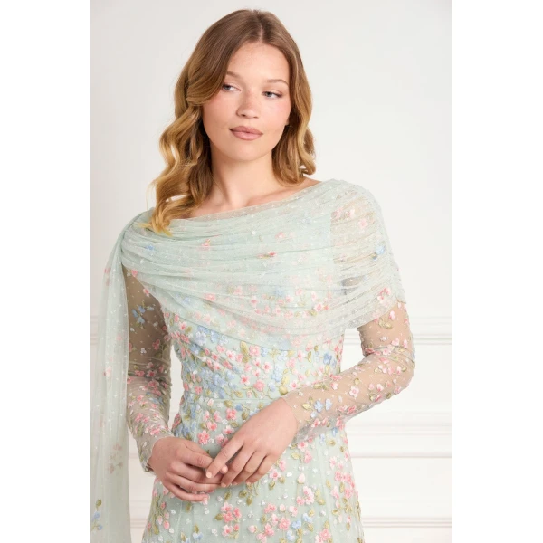Needle & Thread Versailles Ditsy Draped Long Sleeve Ankle Gown in Sea Mist/Bright - Dresses - British Luxury Evening Wear at Luxury Shoes 