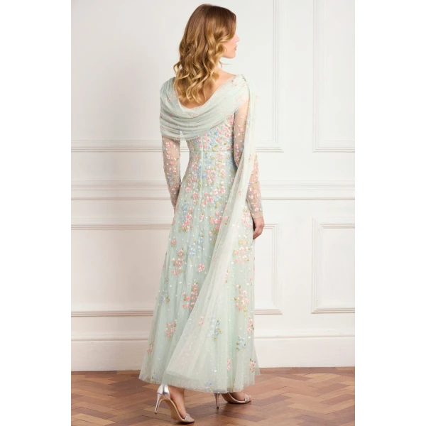 Needle & Thread Versailles Ditsy Draped Long Sleeve Ankle Gown in Sea Mist/Bright - Dresses - British Luxury Evening Wear at Luxury Shoes 