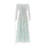 Needle & Thread Versailles Ditsy Draped Long Sleeve Ankle Gown in Sea Mist/Bright - Dresses - British Luxury Evening Wear at Luxury Shoes 