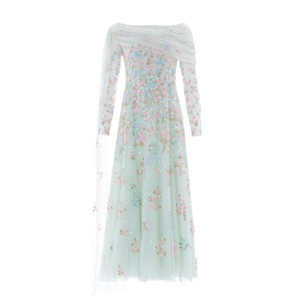 Needle & Thread Versailles Ditsy Draped Long Sleeve Ankle Gown in Sea Mist/Bright - Dresses - British Luxury Evening Wear at Luxury Shoes 